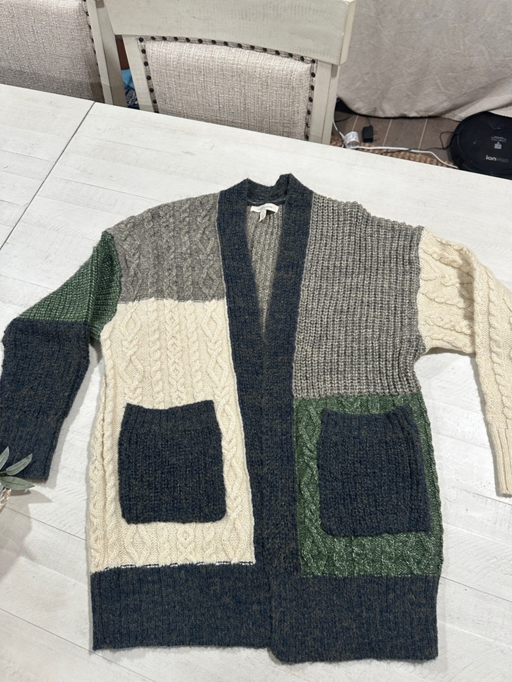Women’s Patchwork Cable-Knit Cardigan Sweater - Green, Cream, Gray, Navy
